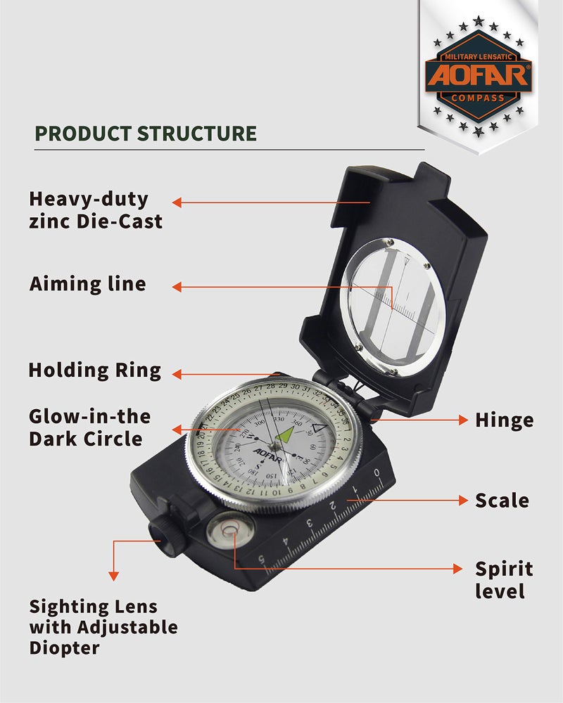 AOFAR Military Compass AF-4580 Black Lensatic Sighting Navigation, Waterproof and Shakeproof with Map Measurer Distance Calculator, Pouch for Camping, Hiking, Hunting, Backpacking - Image 2