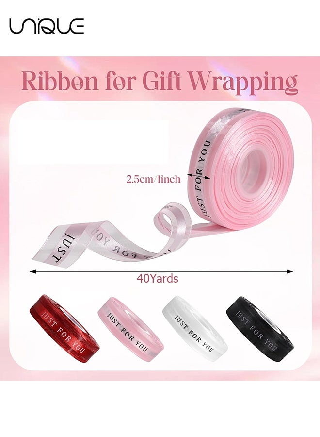 Unique 4 Rolls Satin Organza Ribbons with Printing - 1 inch x 40 yards (Total 160 yards) - Transparent Gauze Ribbon - Birthday Party Decoration Color Tape - Ribbons For Bouquets, Craft Supplies, Fabric, Handmade Wedding Bouquets Material, Gift Packaging Materials - Image 2