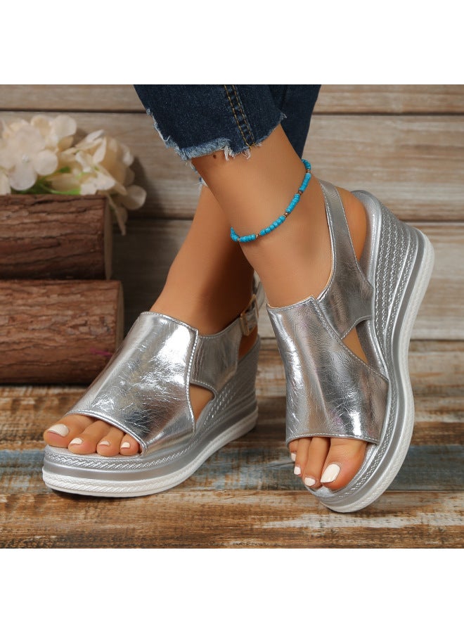 Summer Fashion European And American Sandals, Large Size, Single Strap, Platform Wedge, Thick-soled Beach Sandals