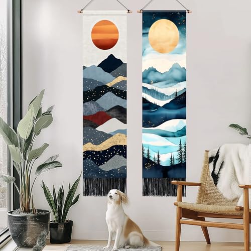 AOHMPT Pack of 2 Long Vertical Tapestry,Nature Landscape Tapestry with Serene Mountain River, Moon & Sun Motifs,Traditional Ink Painting Wall Art,Zen Aesthetic Wall Hanging for Living Room Bedroom Decor 13" W x 51" H" - Image 2