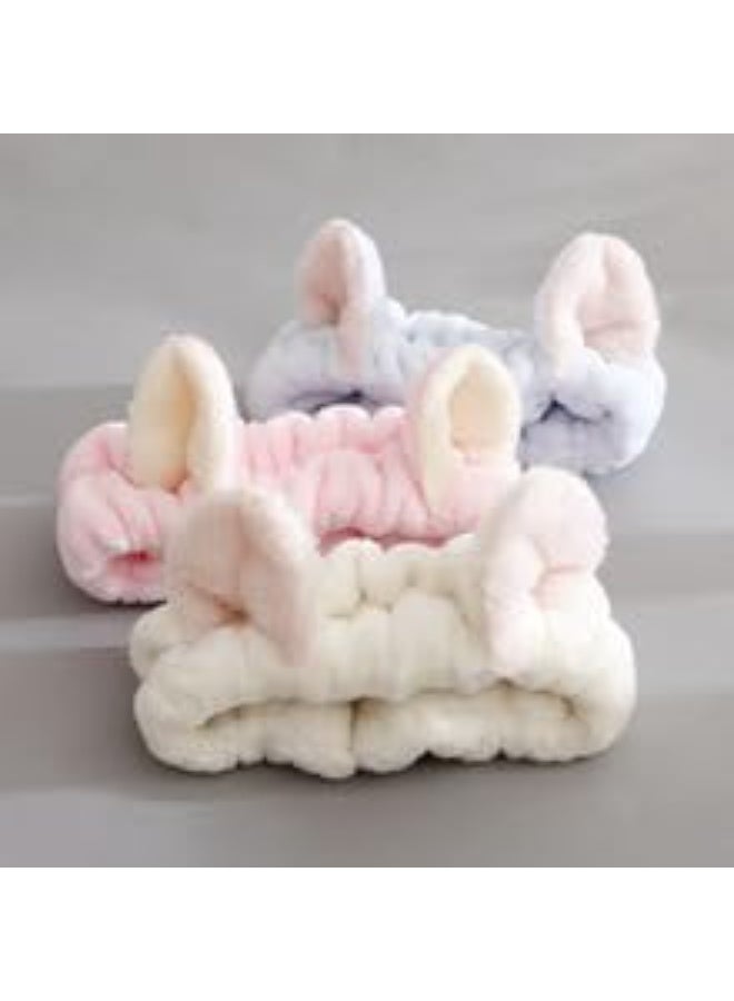 3 Pcs Spa Makeup Headbands, Cute Cat Ear Elastic Cotton Hairbands Set for Face Washing, Blue, White & Pink - Image 3