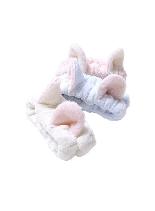 3 Pcs Spa Makeup Headbands, Cute Cat Ear Elastic Cotton Hairbands Set for Face Washing, Blue, White & Pink - Image 1