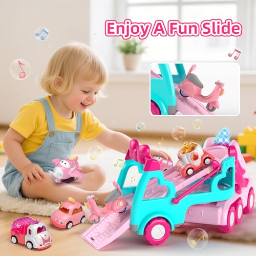 newcrave 7 in 1 Carrier Truck Cars Toys for 1 2 3 Year Old Girls Toddlers Girl Toy with 6 Mini Cars Princess Girl Car Toys Age 1 2 with Light Music 2 Year Old Girls Gifts for Christmas Birthday - Image 5