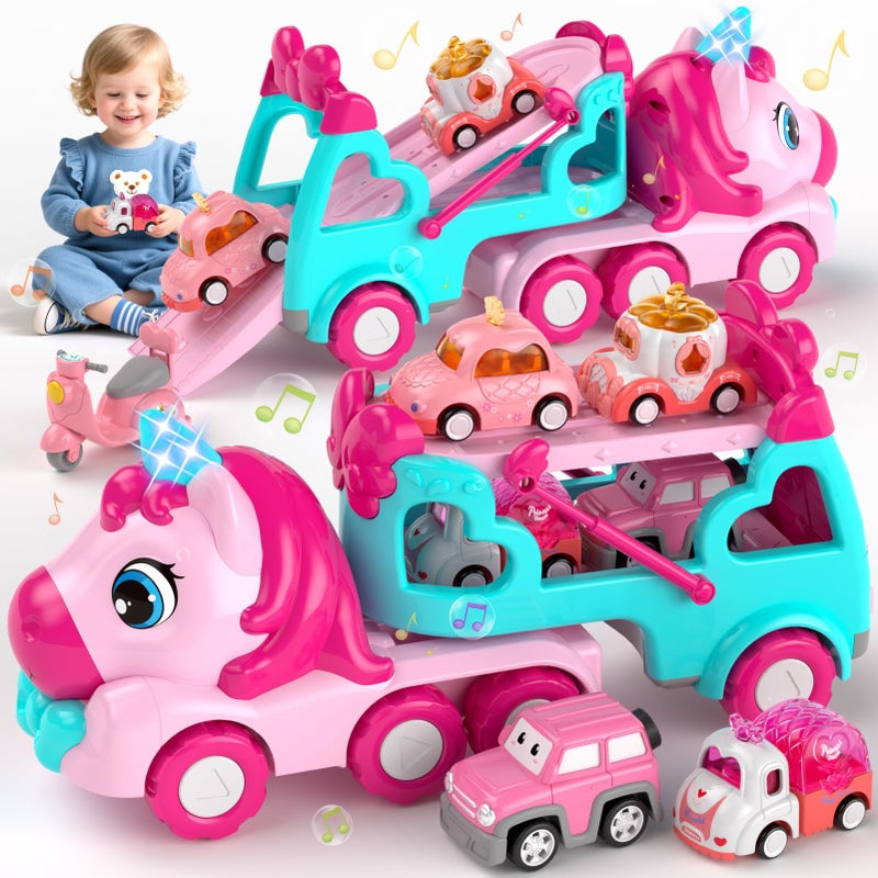 newcrave 7 in 1 Carrier Truck Cars Toys for 1 2 3 Year Old Girls Toddlers Girl Toy with 6 Mini Cars Princess Girl Car Toys Age 1 2 with Light Music 2 Year Old Girls Gifts for Christmas Birthday - Image 3