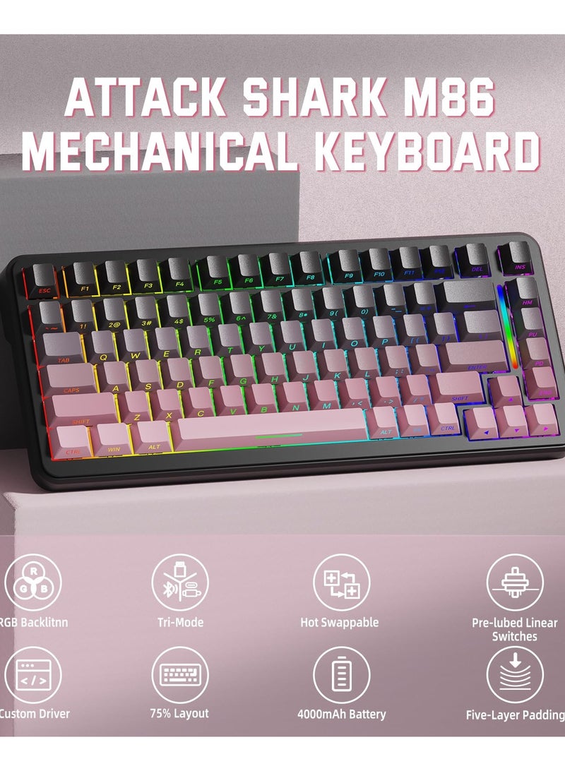 Attack Shark M86 83 Keys Wireless Mechanical Keyboard, 75% Gasket Hot Swappable Custom Keyboard, Side Printed PBT Keycaps, RGB Backlit, Pre-lubed Switches, BT/2.4GHz/ Wired Mechanical Gaming Keyboard - Image 2