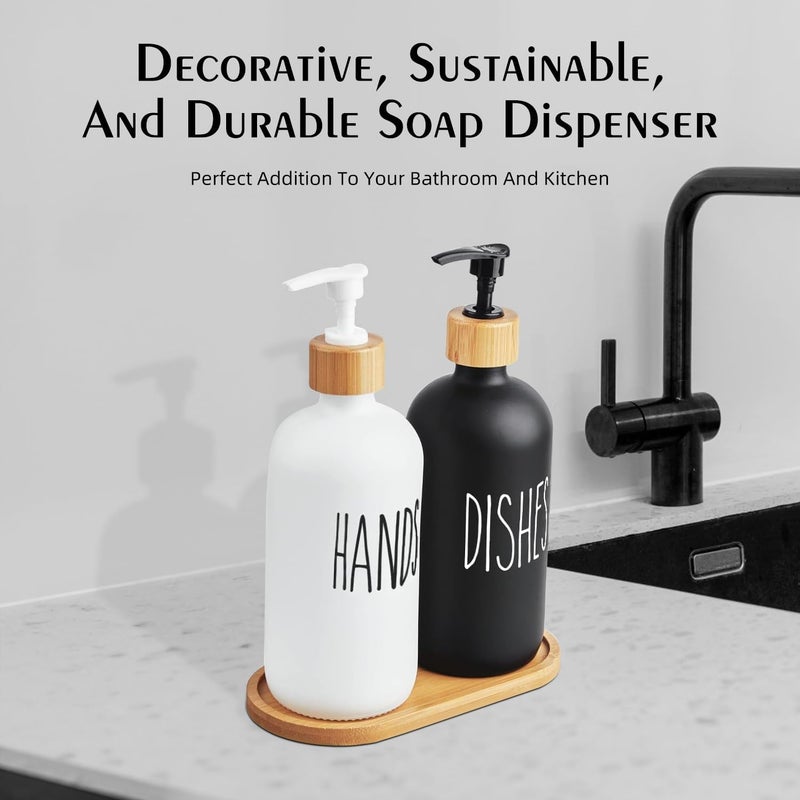 ARKTEK Glass Soap Dispenser Set with Tray, 2 Pack Hand and Dish Soap Dispenser Set for Bathroom and Kitchen Bottle Dispenser with Dish Soap, Hand Soap, Lotion 17 Oz (Black & White) - Image 5