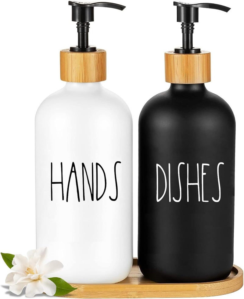 ARKTEK Glass Soap Dispenser Set with Tray, 2 Pack Hand and Dish Soap Dispenser Set for Bathroom and Kitchen Bottle Dispenser with Dish Soap, Hand Soap, Lotion 17 Oz (Black & White) - Image 1