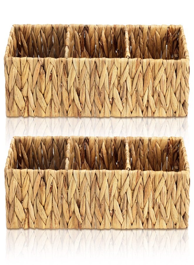 Ferraycle 2 Pack 3 Section Wicker Storage Baskets Toilet Basket Tank Topper Natural Handmade Woven Storage Basket Rectangular Toilet Paper Organizer Basket with Dividers for Bathroom (Vertical Texture) - Image 1