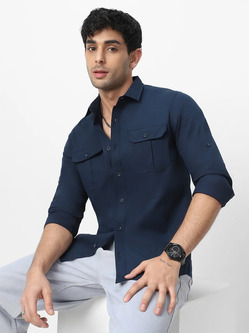 Urbano Fashion  Urbano Fashion Men's Navy Cotton Full Sleeve Regular Fit Casual Solid Shirt for Men | Best Price UAE