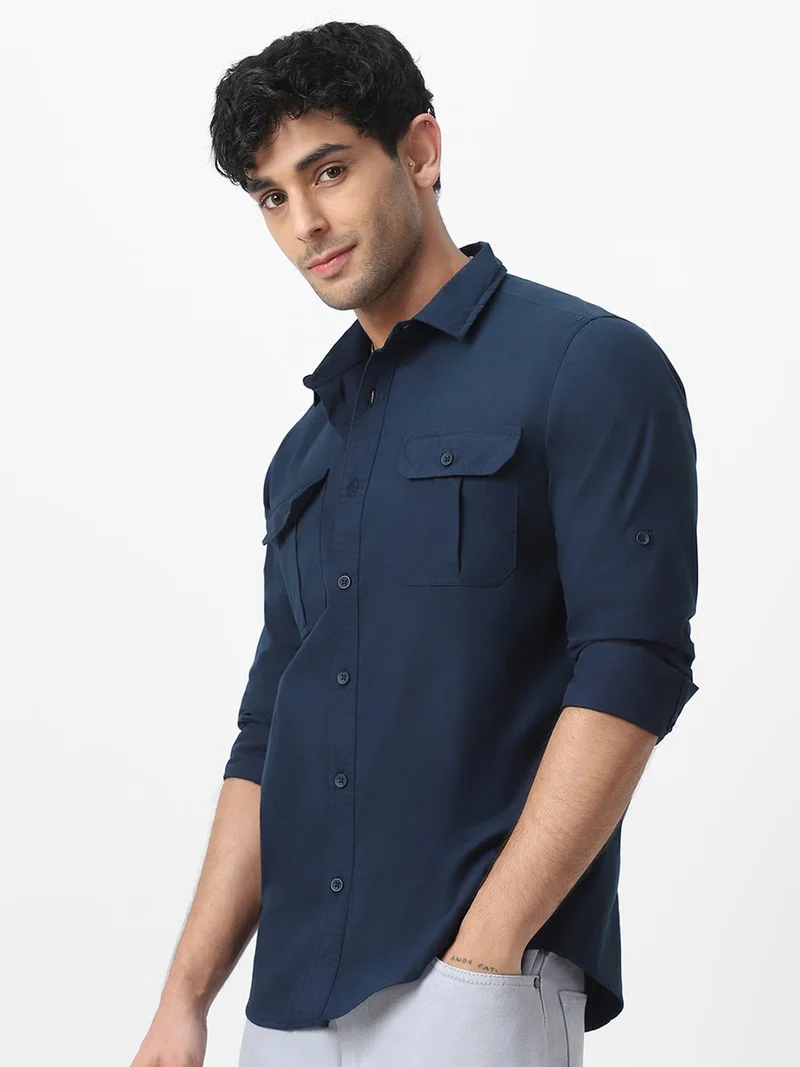 Urbano Fashion Men's Navy Cotton Full Sleeve Regular Fit Casual Solid Shirt