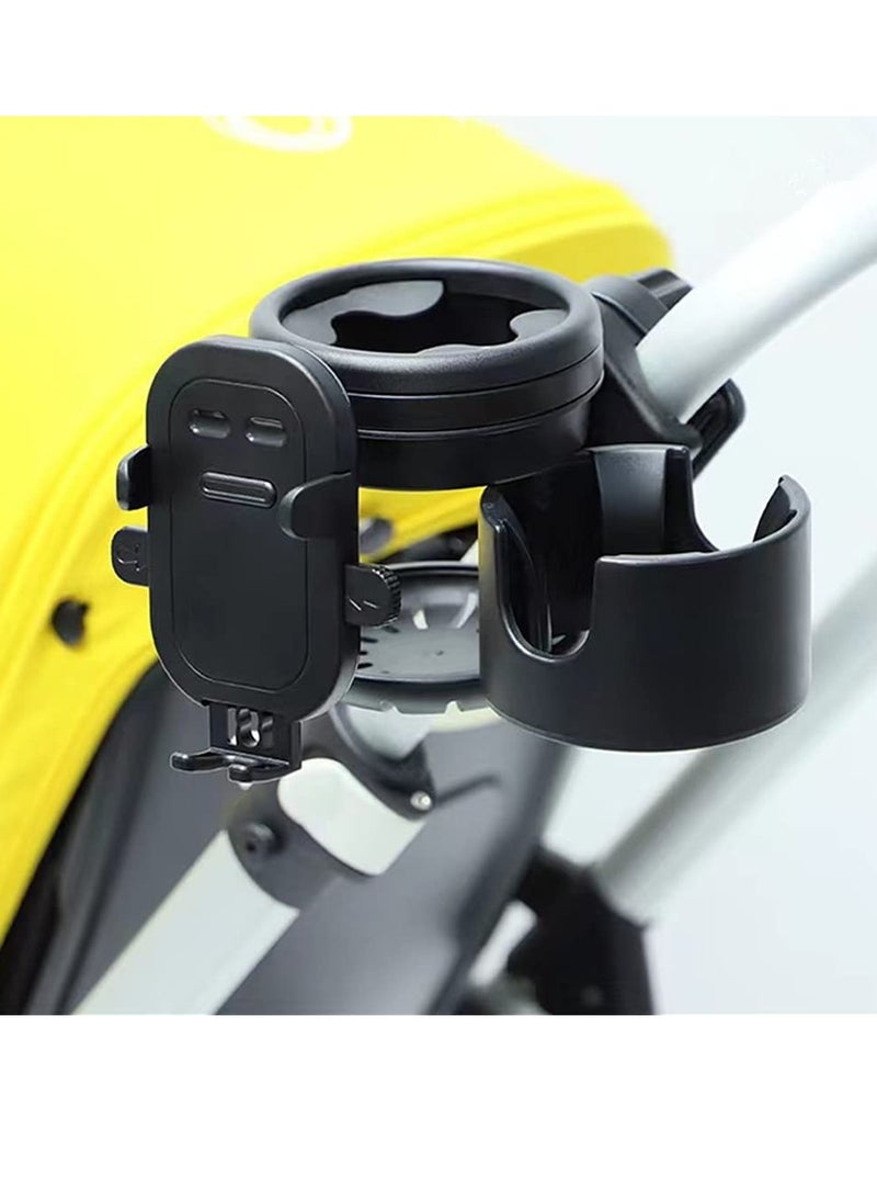 SYOSI Cup Holder Upgraded Universal 3-in-1 Cup Holder with Phone Holder Organizer Accommodates two cups 360° Rotation One-hand Operationm for Stroller Bike Walker Wheelchair Scooter - Image 2
