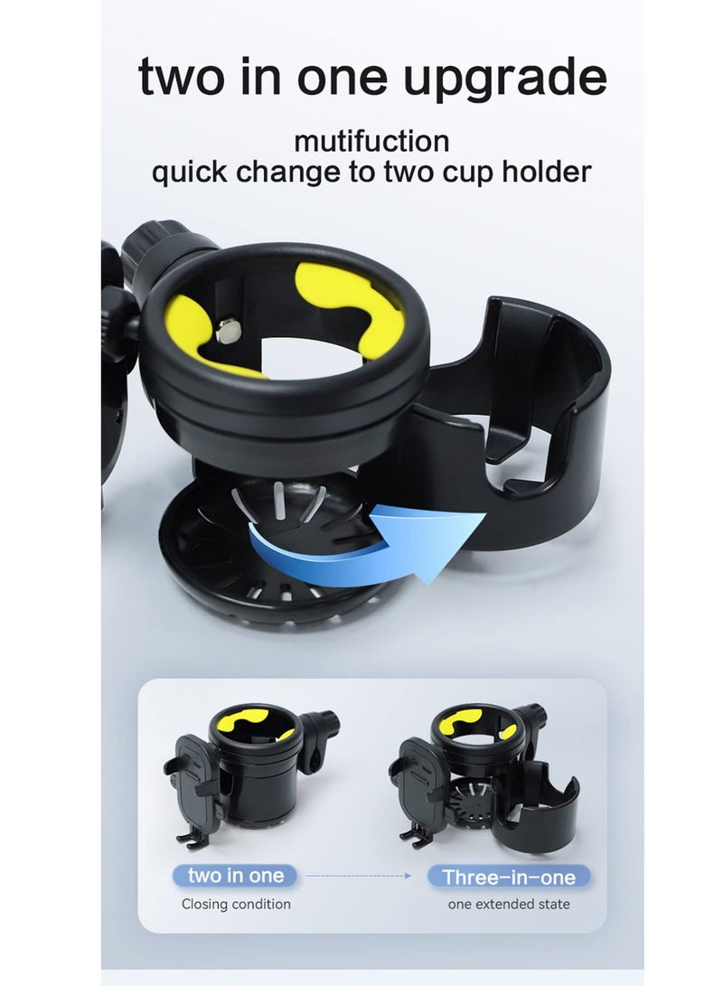 SYOSI Cup Holder Upgraded Universal 3-in-1 Cup Holder with Phone Holder Organizer Accommodates two cups 360° Rotation One-hand Operationm for Stroller Bike Walker Wheelchair Scooter - Image 3