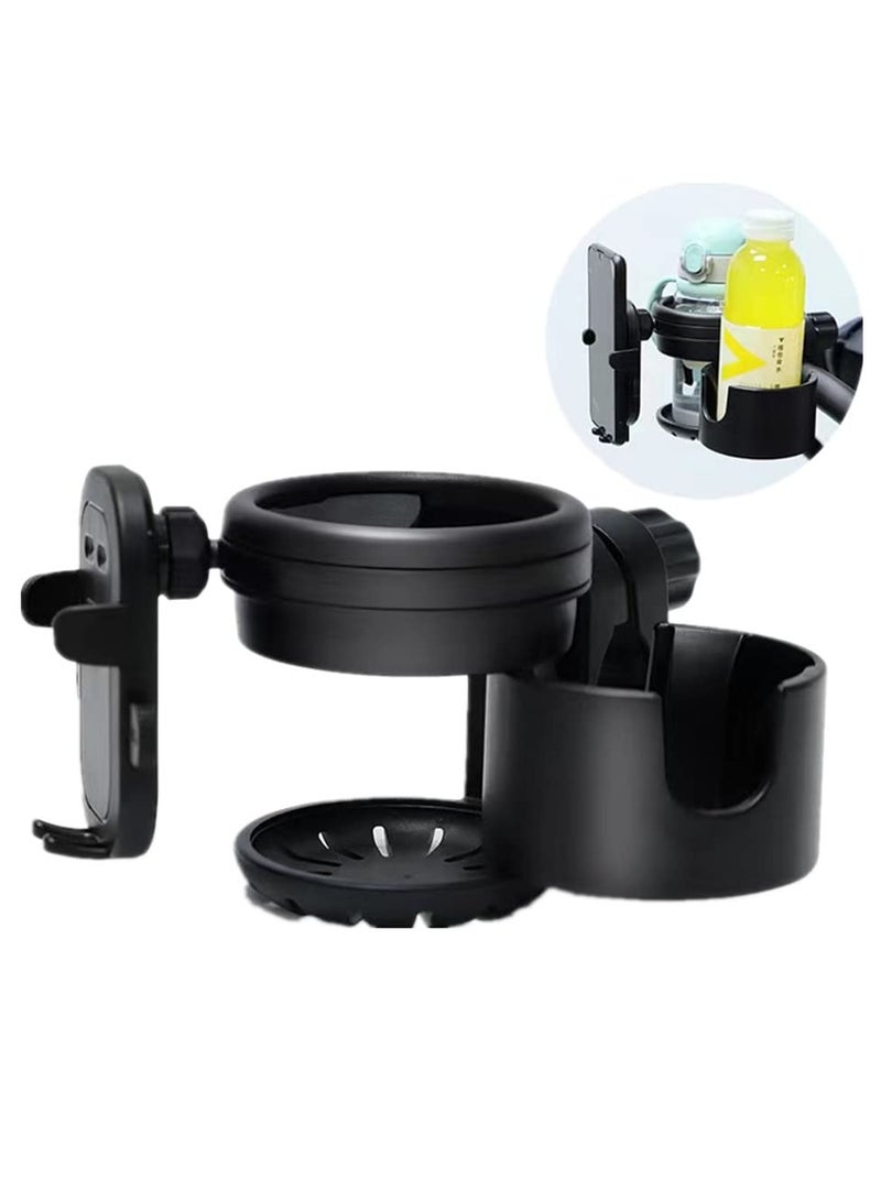 SYOSI Cup Holder Upgraded Universal 3-in-1 Cup Holder with Phone Holder Organizer Accommodates two cups 360° Rotation One-hand Operationm for Stroller Bike Walker Wheelchair Scooter - Image 1