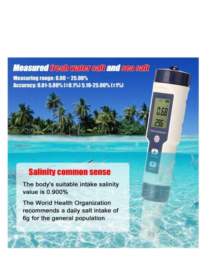 جهاز اختبار احترافي متعدد المعلمات 5 في 1 لقياس درجة الحموضة/التوصيلية/المواد الصلبة الذائبة/الملوحة/مقياس الحرارة، جهاز اختبار جودة المياه الرقمي متعدد الوظائف - Image 4