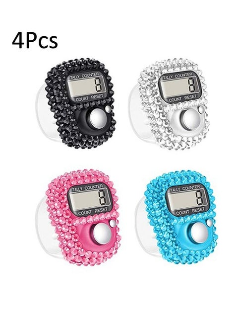4 Pcs Finger Counters - 5 Digital LED Electronic Finger Counter, Mechanical Manual Clicker Number Lap Tracker Tally Counter with Bling Design Mini Ring Stick Counter Multicolour