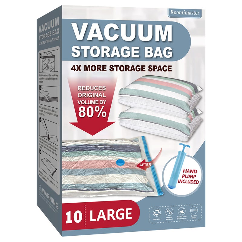 Roomimaster Vacuum Storage Bags, Vacuum Seal Space Saver Bags for Clothing, Travel Lugggage,Carry-on, Blankets, Comforters, Pilow, Bedding, 10 Large - Image 1