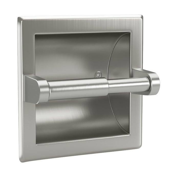 SMACK BRUSHED NICKEL RECESSED TOILET PAPER HOLDERCONTEMPORARY HOTEL STYLE WALL TOILET PAPER HOLDER RECESSED TOILET TISSUE HOLDER INCLUDES REAR MOUNTING BRACKET