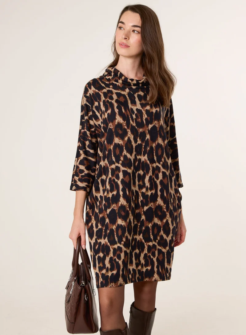 Blue Vanilla Leopard Print Draped Cowl Neck Tunic Dress