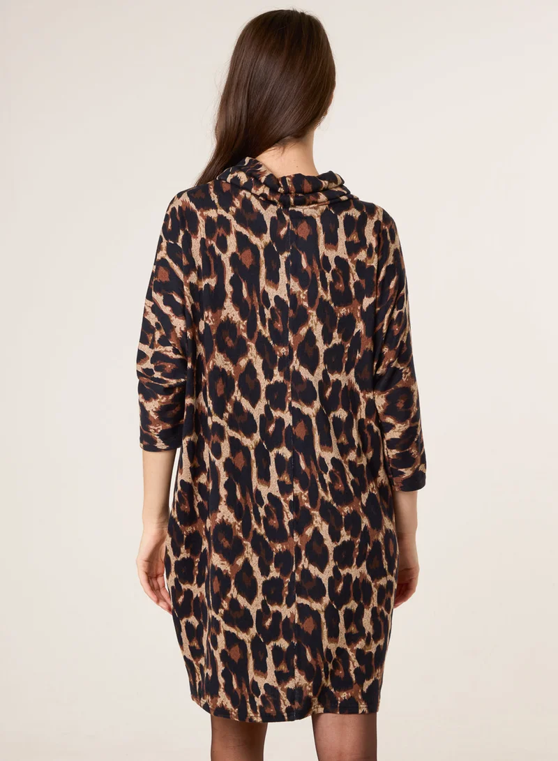 Blue Vanilla Leopard Print Draped Cowl Neck Tunic Dress