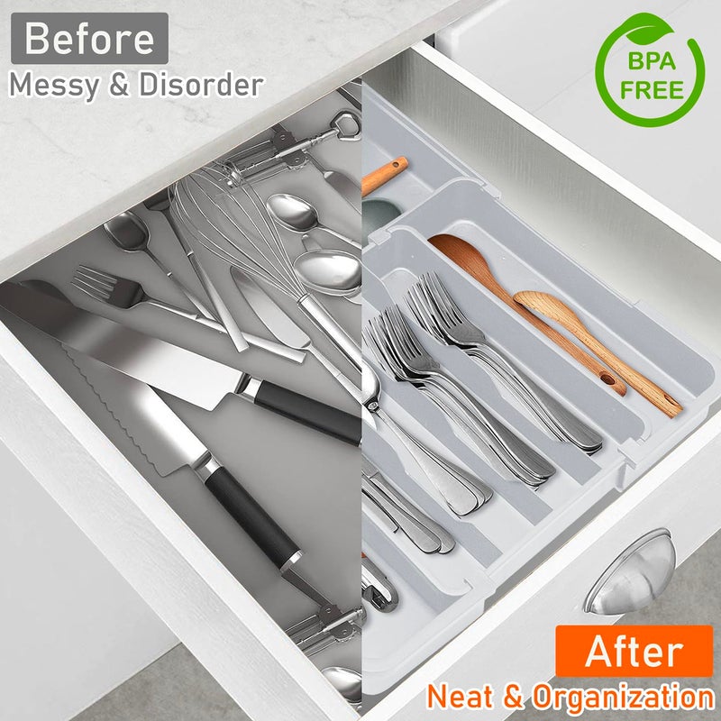Spaclear Expandable Silverware Drawer Organizer - 7 Compartments BPA-Free Kitchen Utensil Tray, Adjustable 12.6â€Ã—9.5" to 19"Ã—15.2", Cutlery Drawer Organizer, Gray - Image 5