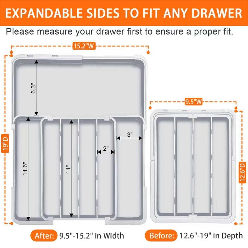 Spaclear Expandable Silverware Drawer Organizer - 7 Compartments BPA-Free Kitchen Utensil Tray, Adjustable 12.6â€Ã—9.5" to 19"Ã—15.2", Cutlery Drawer Organizer, Gray - Image 2