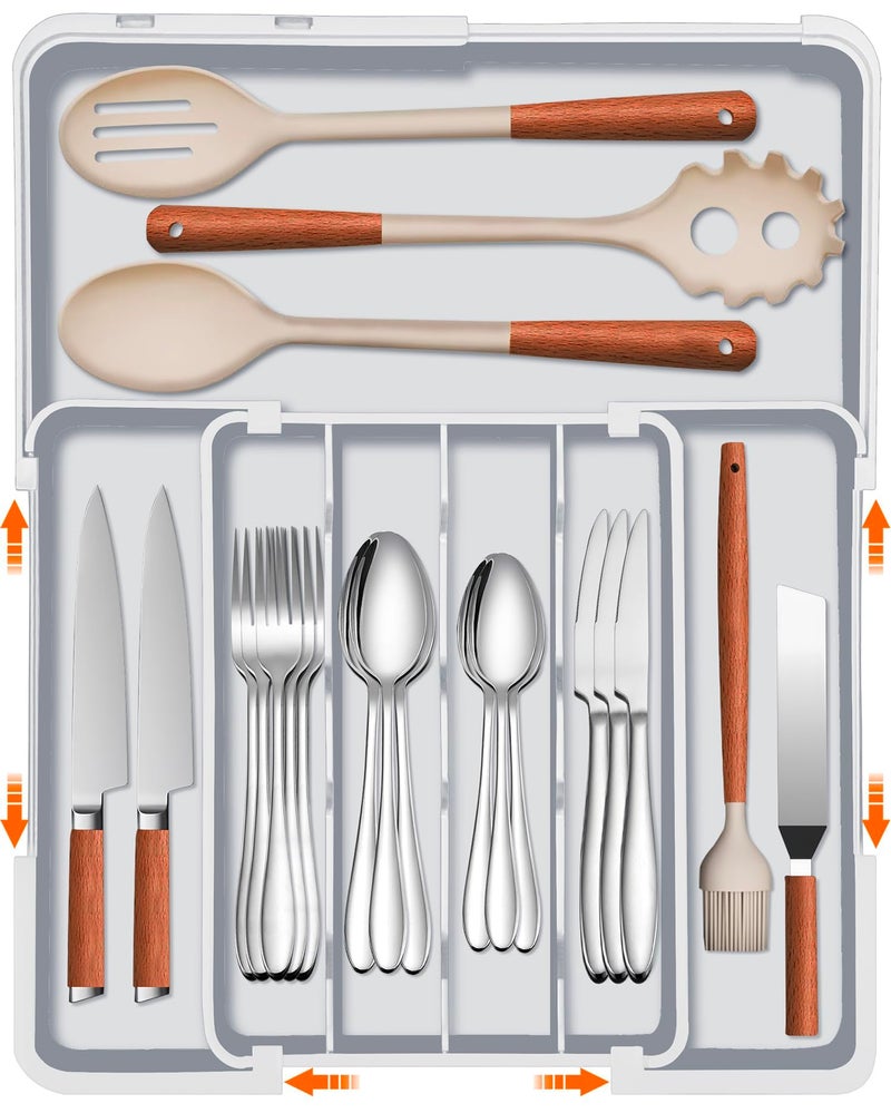 Spaclear Expandable Silverware Drawer Organizer - 7 Compartments BPA-Free Kitchen Utensil Tray, Adjustable 12.6â€Ã—9.5" to 19"Ã—15.2", Cutlery Drawer Organizer, Gray - Image 1
