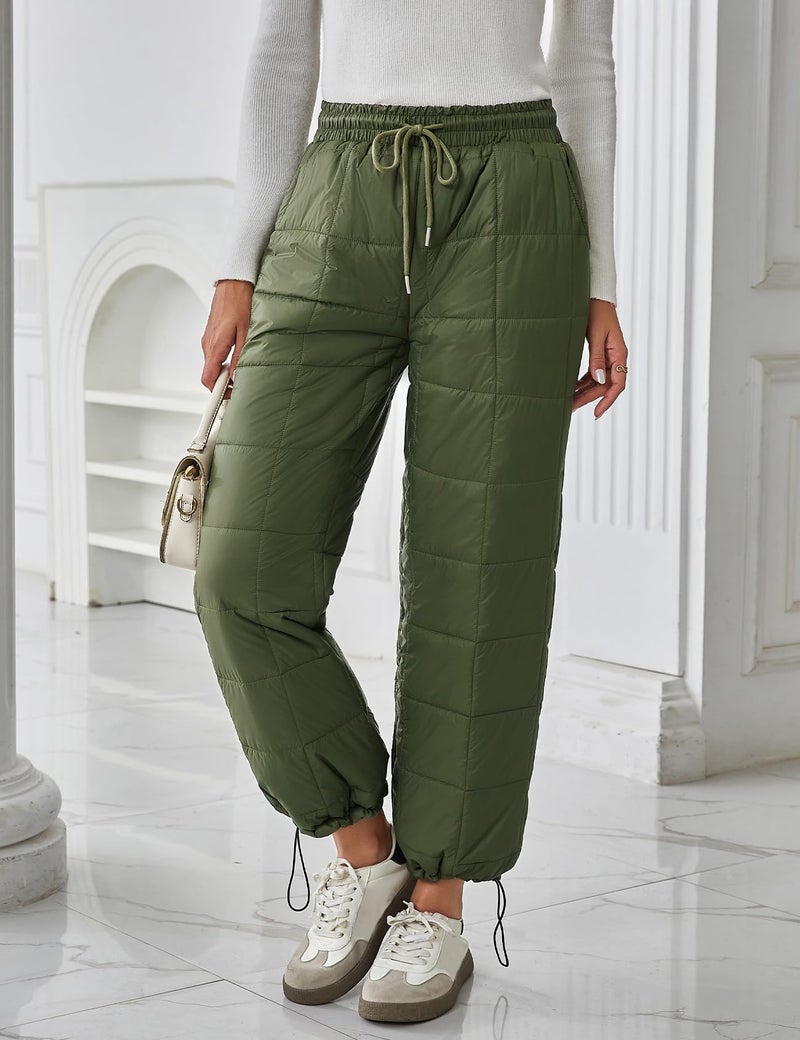 Flygo Women Winter Pants Lightweight Quilted Puffy Down Snow Pants Casual Baggy Wide Leg Trousers with Pockets(ArmyGreen-M) - Image 5