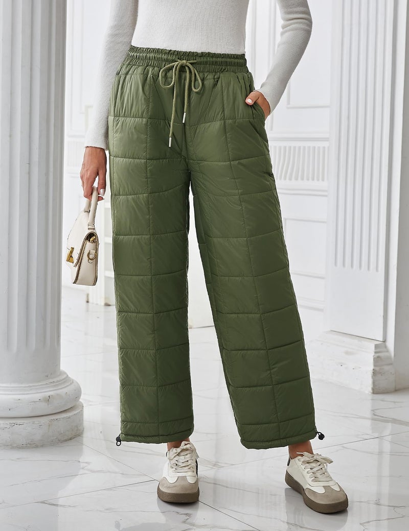 Flygo Women Winter Pants Lightweight Quilted Puffy Down Snow Pants Casual Baggy Wide Leg Trousers with Pockets(ArmyGreen-M) - Image 2