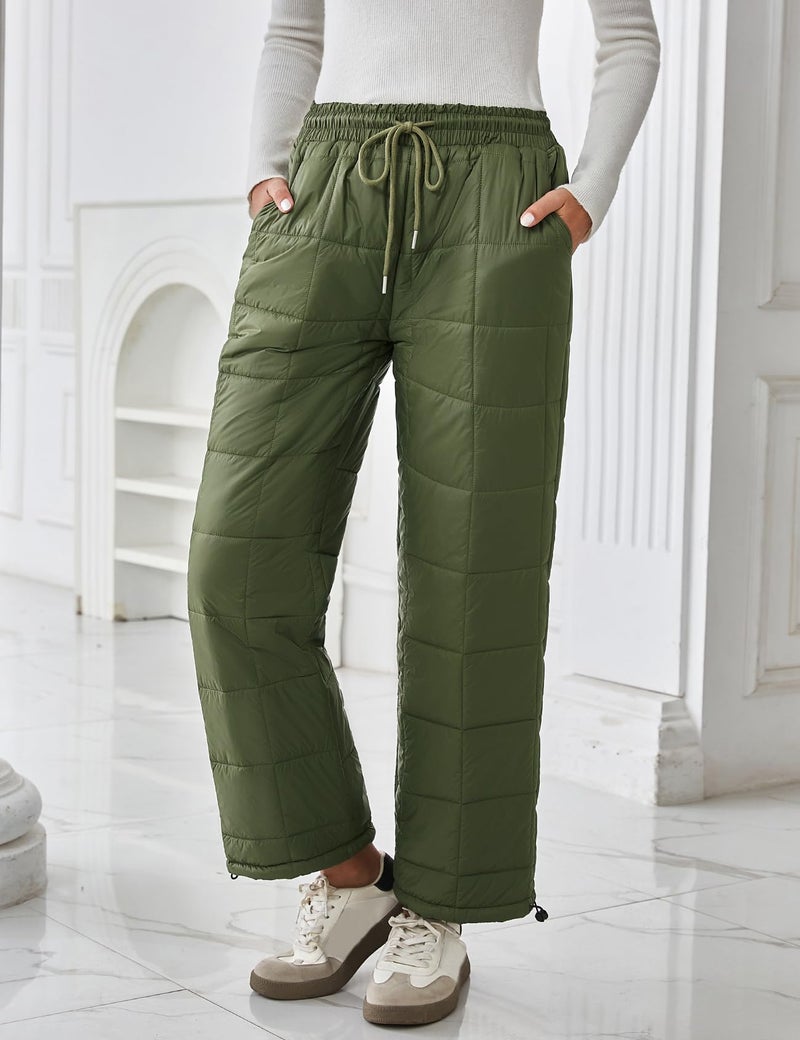 Flygo Women Winter Pants Lightweight Quilted Puffy Down Snow Pants Casual Baggy Wide Leg Trousers with Pockets(ArmyGreen-M) - Image 3
