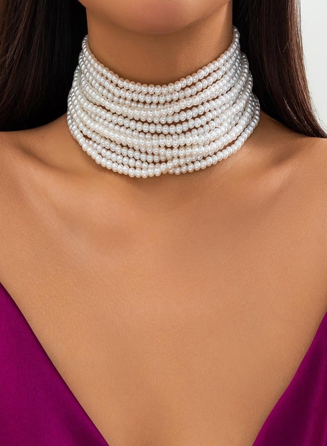 Chargances Boho Round Imitation Pearl Choker Multi Strands Necklace Bridal 20s Flapper Collar Necklace Wedding Accessories for Women Party (Style 2) - Image 2
