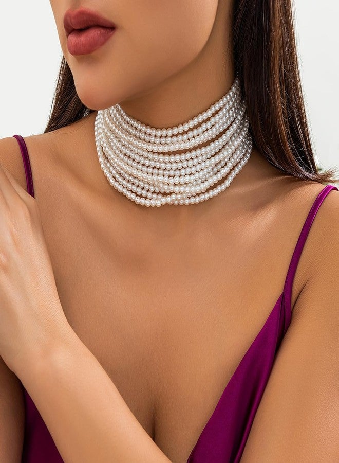 Chargances Boho Round Imitation Pearl Choker Multi Strands Necklace Bridal 20s Flapper Collar Necklace Wedding Accessories for Women Party (Style 2) - Image 4