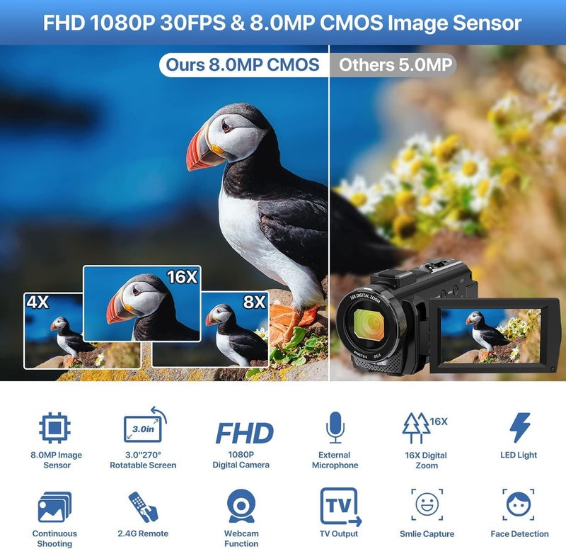 ALSONE Video Camera Camcorder Digital YouTube Vlogging Camera Recorder FHD 1080P 24.0MP 3.0 Inch 270 Degree Rotation Screen 16X Digital Zoom Camcorder with Microphone,Remote Control and 2 Batteries - Image 2