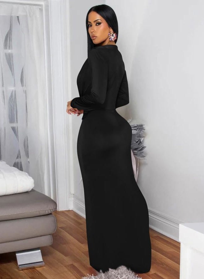 Memoriesea Women's Elegant Long Sleeve Deep V Neck Bodycon Party Evening Gown Maxi Dress, Black, S - Image 3