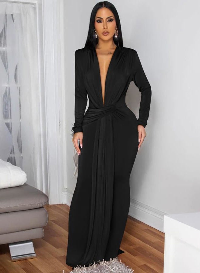 Memoriesea Women's Elegant Long Sleeve Deep V Neck Bodycon Party Evening Gown Maxi Dress, Black, S - Image 2
