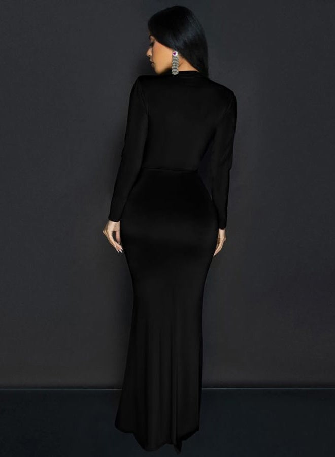 Memoriesea Women's Elegant Long Sleeve Deep V Neck Bodycon Party Evening Gown Maxi Dress, Black, S - Image 5
