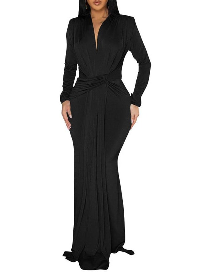 Memoriesea Women's Elegant Long Sleeve Deep V Neck Bodycon Party Evening Gown Maxi Dress, Black, S - Image 1