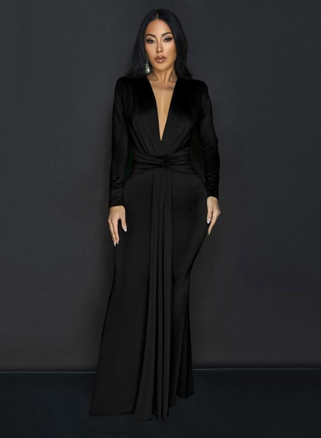 Memoriesea Women's Elegant Long Sleeve Deep V Neck Bodycon Party Evening Gown Maxi Dress, Black, S - Image 4
