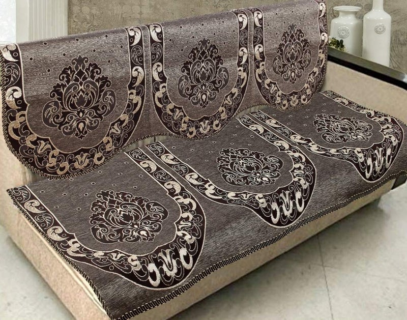 Nendle Damask Design Concept Sofa Set Covers 5 Seater with Cotton & Polyester (Dusky Brown, Standard Size) - Pack of 6 - Image 1
