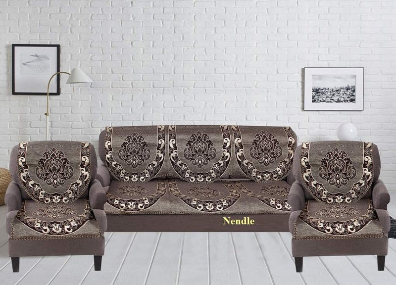 Nendle Damask Design Concept Sofa Set Covers 5 Seater with Cotton & Polyester (Dusky Brown, Standard Size) - Pack of 6 - Image 2