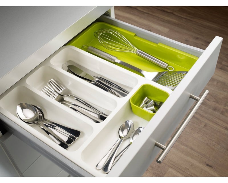 StyxonExpandable 3in1 Utility Cabinet Drawer Dividers Organizer Tray Holder for Kitchen Cutlery Bathroom Accessories Office Supplies and CosmeticsGreen and White DrawerCutleryTray - Image 1