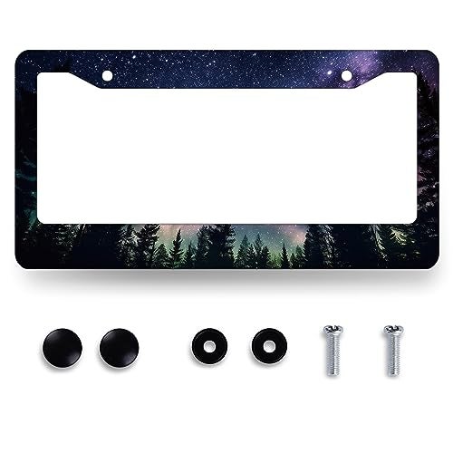 MUAWUOIK Galaxy Forest License Plate Frame Colorful Galaxy Moon Stars License Plate Personalise Stainless Steel Auto Parts Funny License Plate Beautiful Decoration with Screws 123x 63 - Image 1