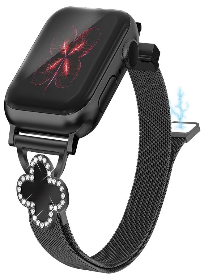 Joyozy Slim Metal Band Compatible with Apple Watch Band 38mm 40mm 41mm 42mm 44mm 45mm 46mm 49mm Skinny Magnetic Strap with Bling Charms, Cute Stainless Steel Band, Dressy Thin iWatch Bracelet for Women (Black) - Image 1