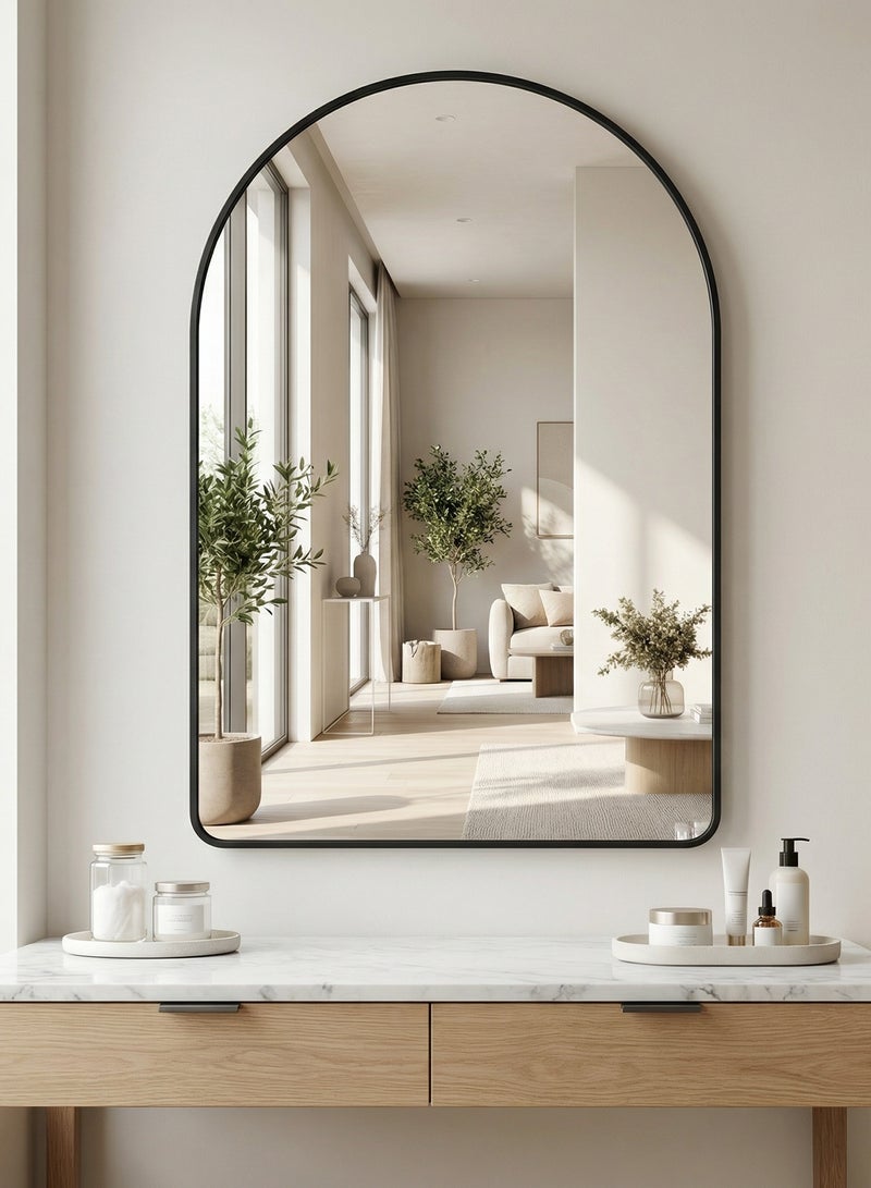 تايمي مرآة حائط على شكل قوس بإطار أسود من الألومنيوم ، مرآة مثبتة على الحائط للحمام وغرفة المعيشة والنوم والمدخل وطاولة الزينة - 70X90 سم - Image 4