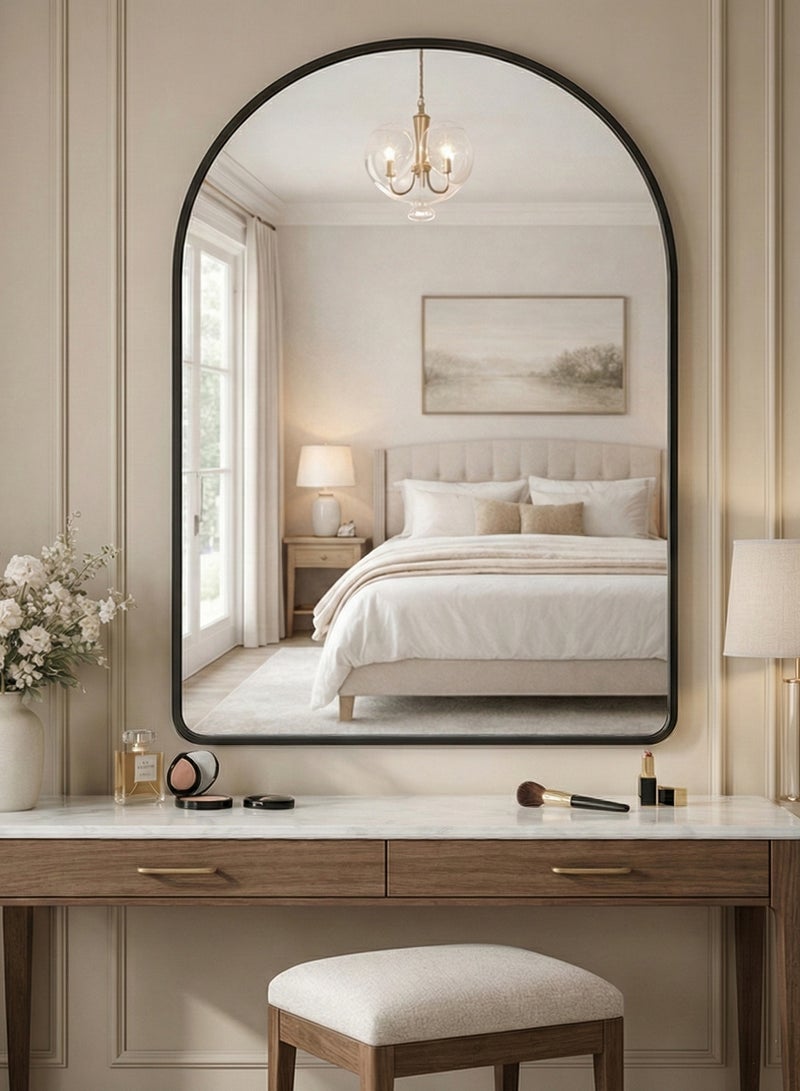 تايمي مرآة حائط على شكل قوس بإطار أسود من الألومنيوم ، مرآة مثبتة على الحائط للحمام وغرفة المعيشة والنوم والمدخل وطاولة الزينة - 70X90 سم - Image 1