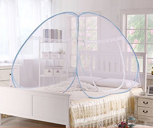 Pindia Mosquito Net Double Bed Foldable White (Blue Border) - Image 1
