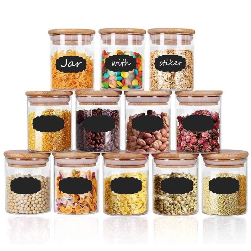 Brezzycloud 12 Set Glass Jars Set With Bamboo Airtight Lid And Lable,Spice Storage Container With Wooden Lid,Airtight Canister Jar For Kitchen ,Coffee,Beans,Candy,Nuts,Herbs (Set Of 12,220Ml),Clear - Image 1