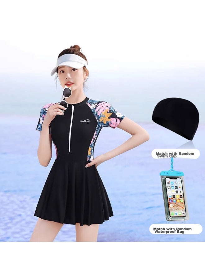 F.dyraa Women's Swimsuit, Tummy Control, Slimming, Elegant, One-piece Dress, Conservative Swimwear, Three-piece Set, 12030 Black, 2XL - Image 1