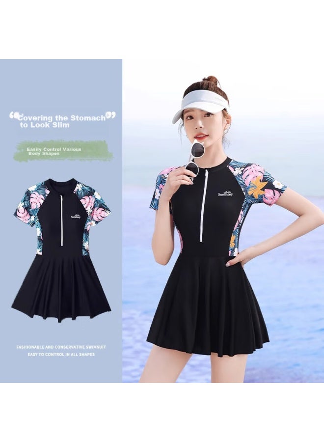 F.dyraa Women's Swimsuit, Tummy Control, Slimming, Elegant, One-piece Dress, Conservative Swimwear, Three-piece Set, 12030 Black, 2XL - Image 2