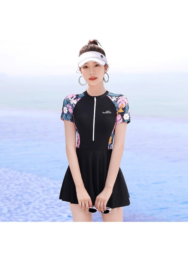 F.dyraa Women's Swimsuit, Tummy Control, Slimming, Elegant, One-piece Dress, Conservative Swimwear, Three-piece Set, 12030 Black, 2XL - Image 3