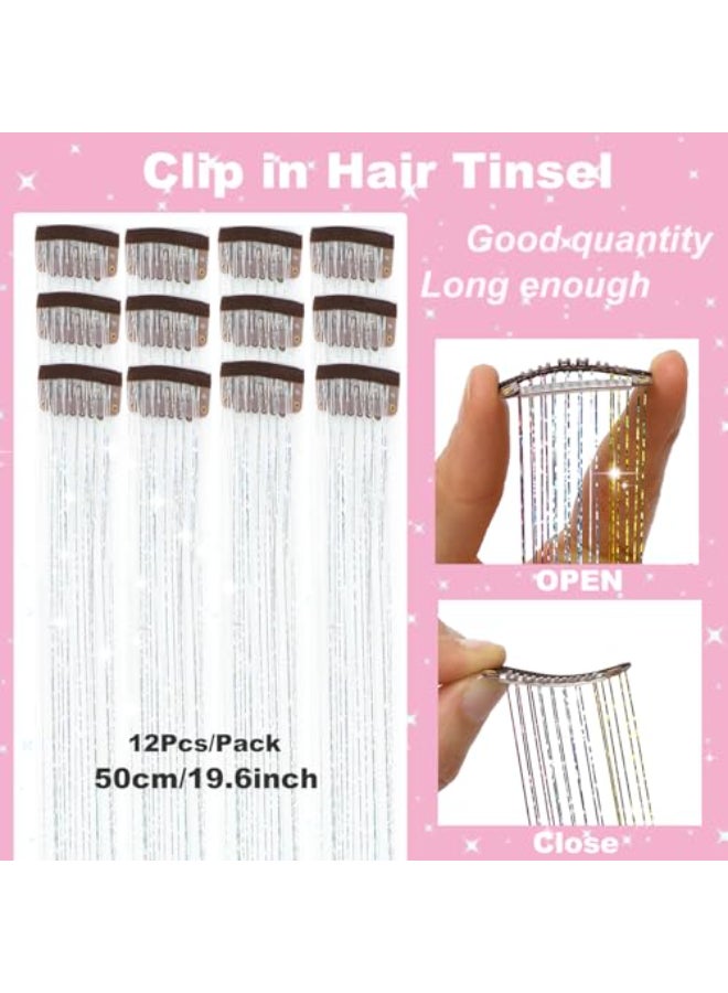 Ainitops Hair Tinsel Pack of 12 Pcs Clip in Hair Tinsel 196Inch Glitter Tinsel Hair Extensions Shiny Sparkly Fairy Hair Tinsel Kit Dazzle Hair Accessories for Women Girls Kids Silver - Image 3